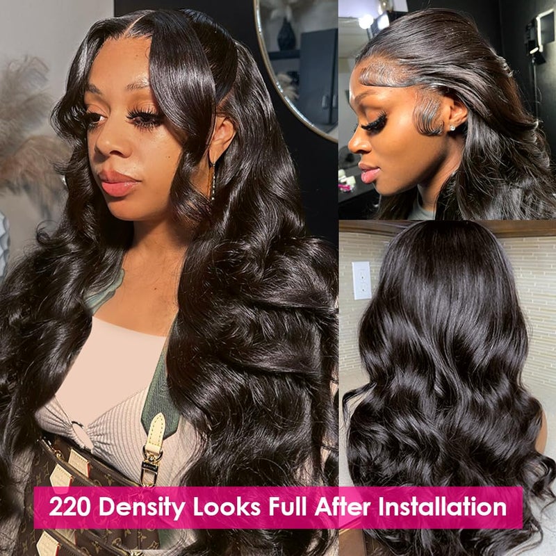Wingirl 220 Density HD Lace Front Wigs Human Hair Pre Plucked 13x5 Transparent Body Wave Lace Frontal Wig with Baby Hair 12A Glueless Human Hair Wigs for Women Black Color 24 Inch - Image 2